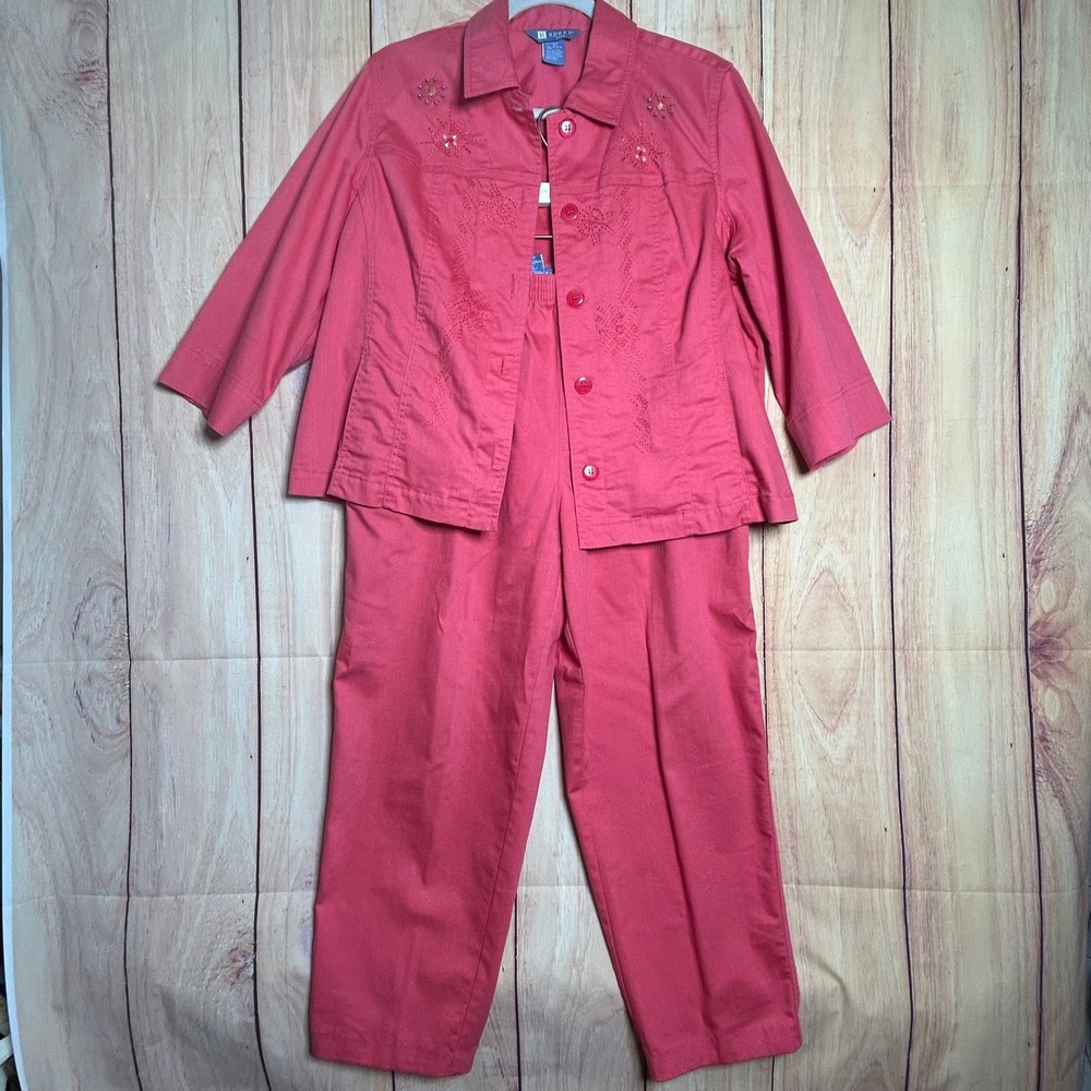 Koret Pant Set Women 14P Pink Embroidered Jacket Elastic Waist Coastal Grandma
